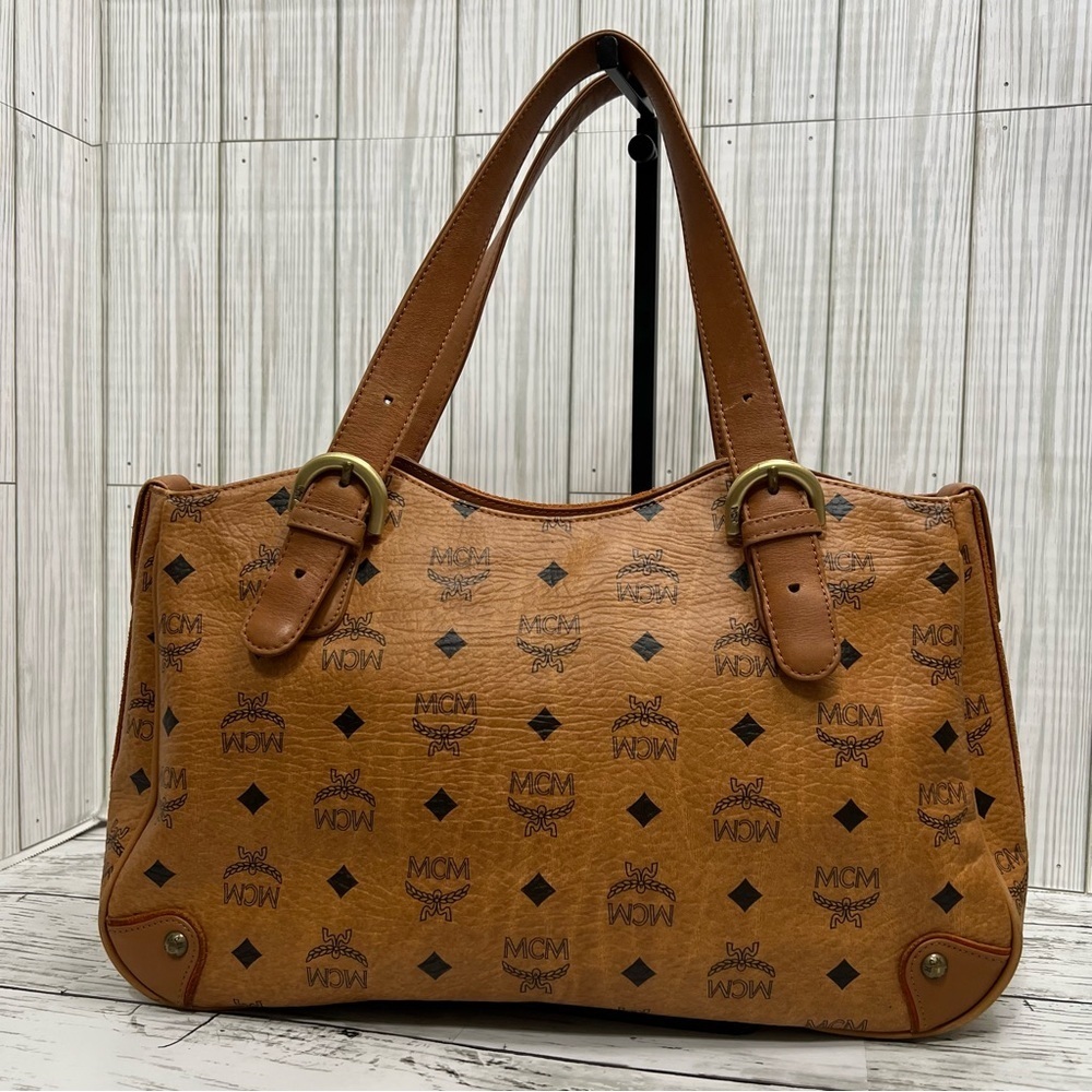 MCM Cognac Visetos Coated Canvas Leather Trim Tote Shoulder Bag - Picture 3 of 16